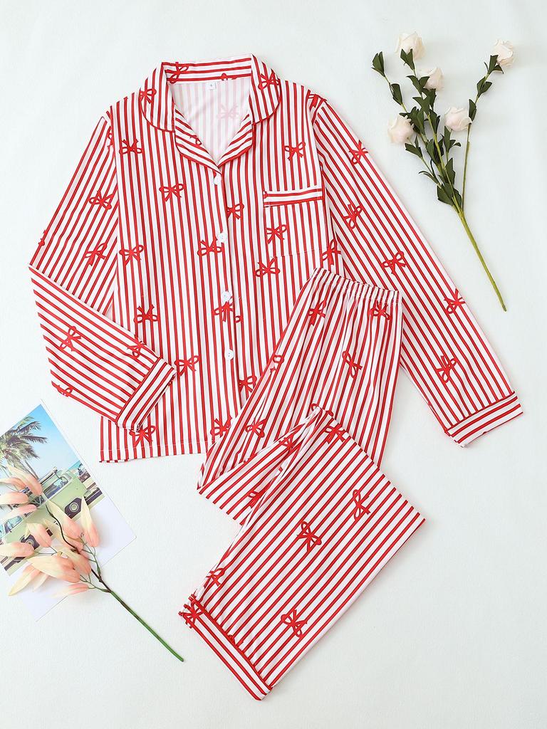 Stripe Bow Heart Long Sleeve Pajama Set