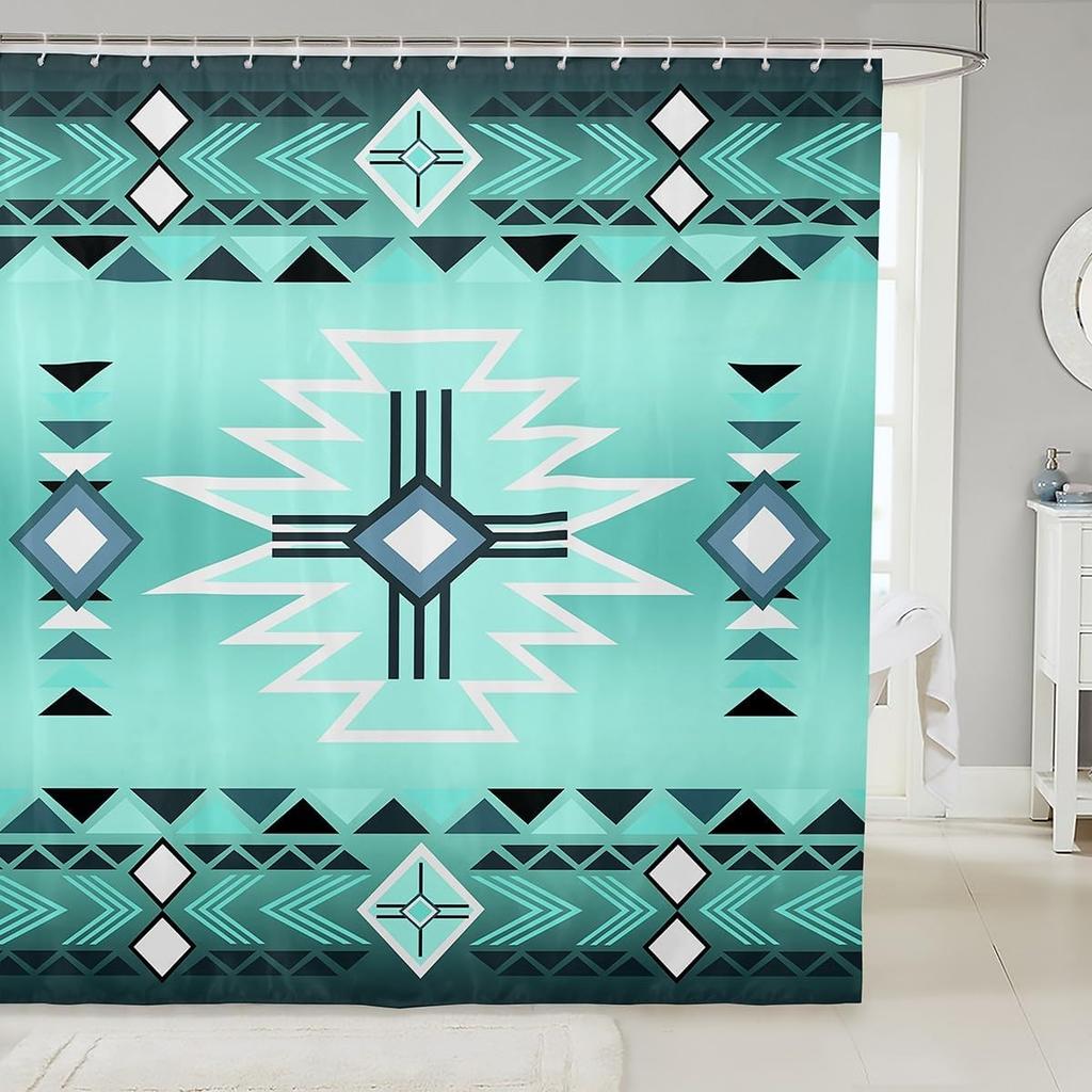 Southwest Shower Curtain, Geometric Aztec Tribal Pattern Bathroom Curtain Vintage Striped Western Waterproof for Kids Girls