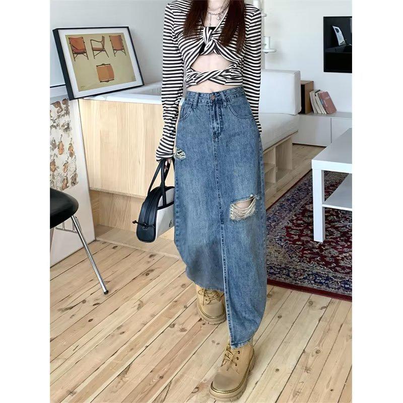 

Юбка-трапеция из рваного денима с высокой талией для женщин в стиле ретро — утягивающая, облегающая, средней длины, летний дизайн 5XL синий