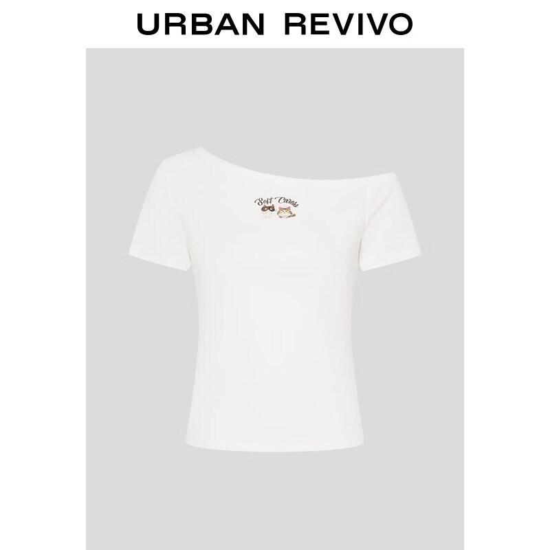 UR2026 Women s Casual Kitten Print Off-Shoulder Slim Fit Short Sleeve T-shirt M