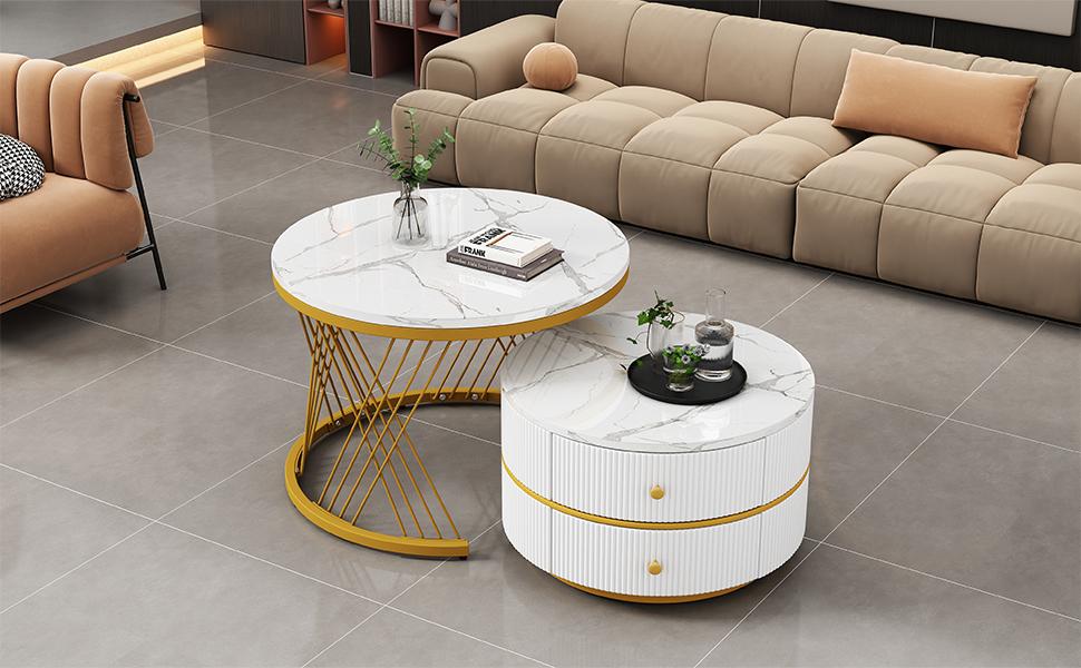 Elegant 2-Piece White Coffee Table Set, Nesting Shape, 60*60*46cm & 50*50*30.8cm, Marble Look, 2 Drawers, Load Capacity up to 30kg