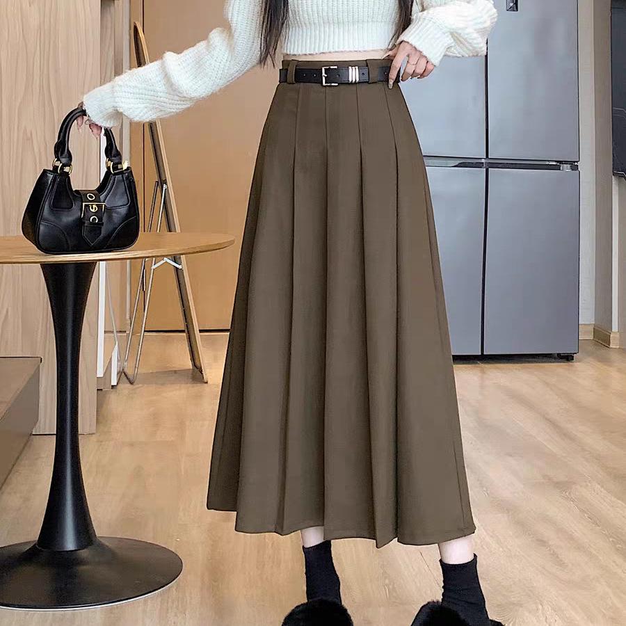 High Waist Woolen A-line Pleated Midi Skirt for Women - Autumn/Winter 2025 Style