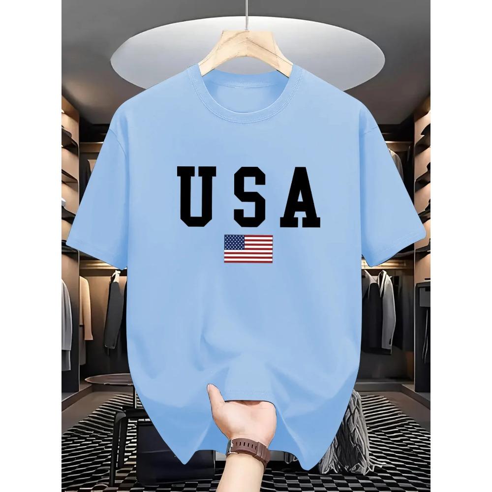 Męska letnia modna casualowa koszulka z krótkim rękawem z okrągłym dekoltem i grafiką flagi narodowej USA, 100% bawełna, luźny krój