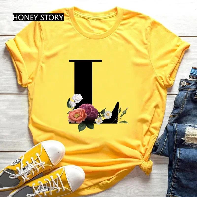 Women's Summer Short Sleeve T-Shirts Fashionable Casual Round Neck 26 English Letters Flower & Name Letter Printed Cotton T-shirts