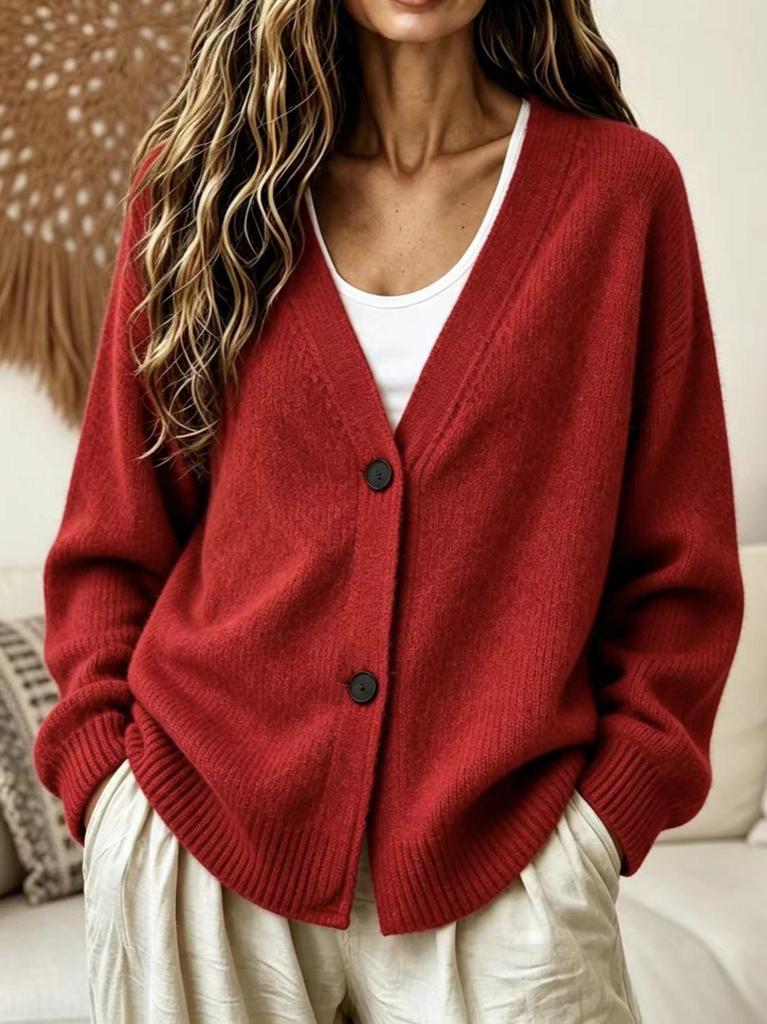 European 2026 Autumn/Winter Women's V-neck Button Long Sleeve Cardigan Sweater Coat - Lazy Style.