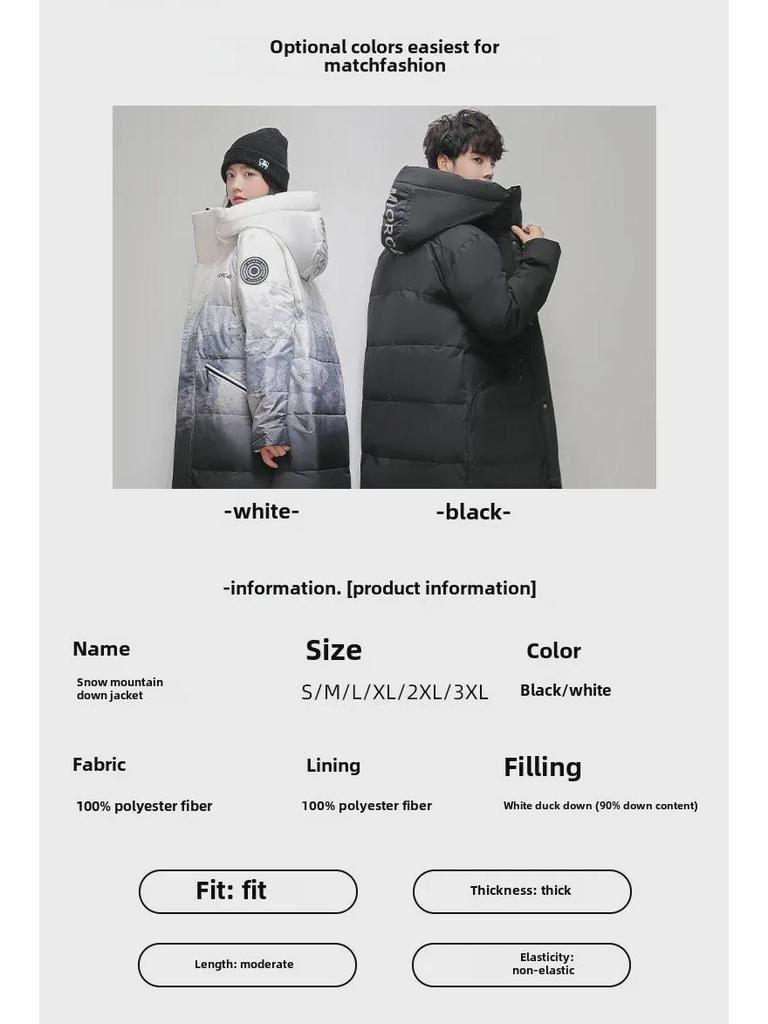 Geacă de puf cu glugă cu gradient de iarnă 2023 – Stil unisex lung de munte zăpezii