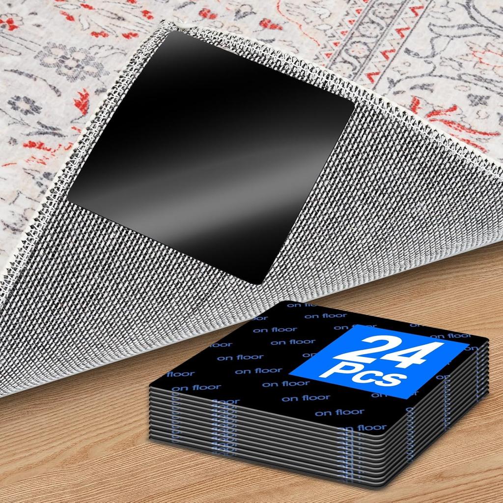 Premium Rug Grippers & Carpet Tape – 12PCS Square Anti-Slip Pads for Area Rugs, 3.9 Inch, Prevent Curling & Sliding, Ideal for Hardwood, Tile,