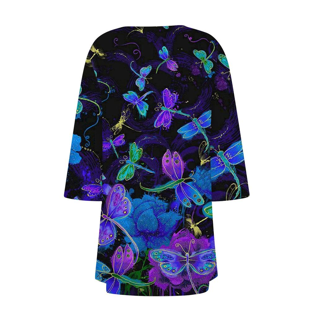Women's Floral Print Irregular 3/4 Length Sleeve  Cardigan Jacket With Pockets Casual Cover Up