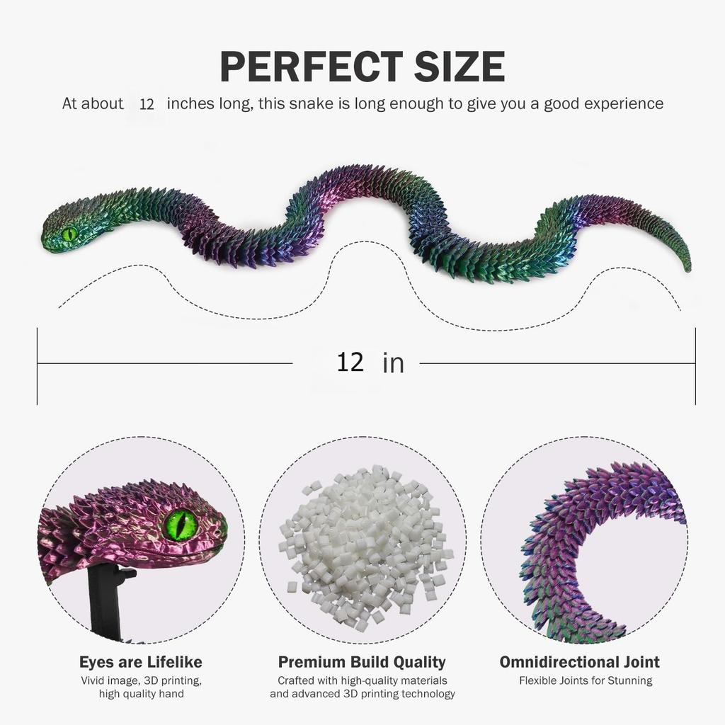 3D Printed Articulated Snake Figure Toys Flexible Fidget Toy Realistic Slithering Design Model Ornaments Creative Funny Gift