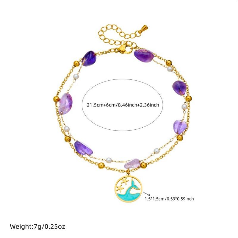 Gold Double Layer Anklet with Amazonite Mermaid Tail Pendant, Dainty Pearl Beaded Ankle Bracelet, Summer Beach Jewelry for Women