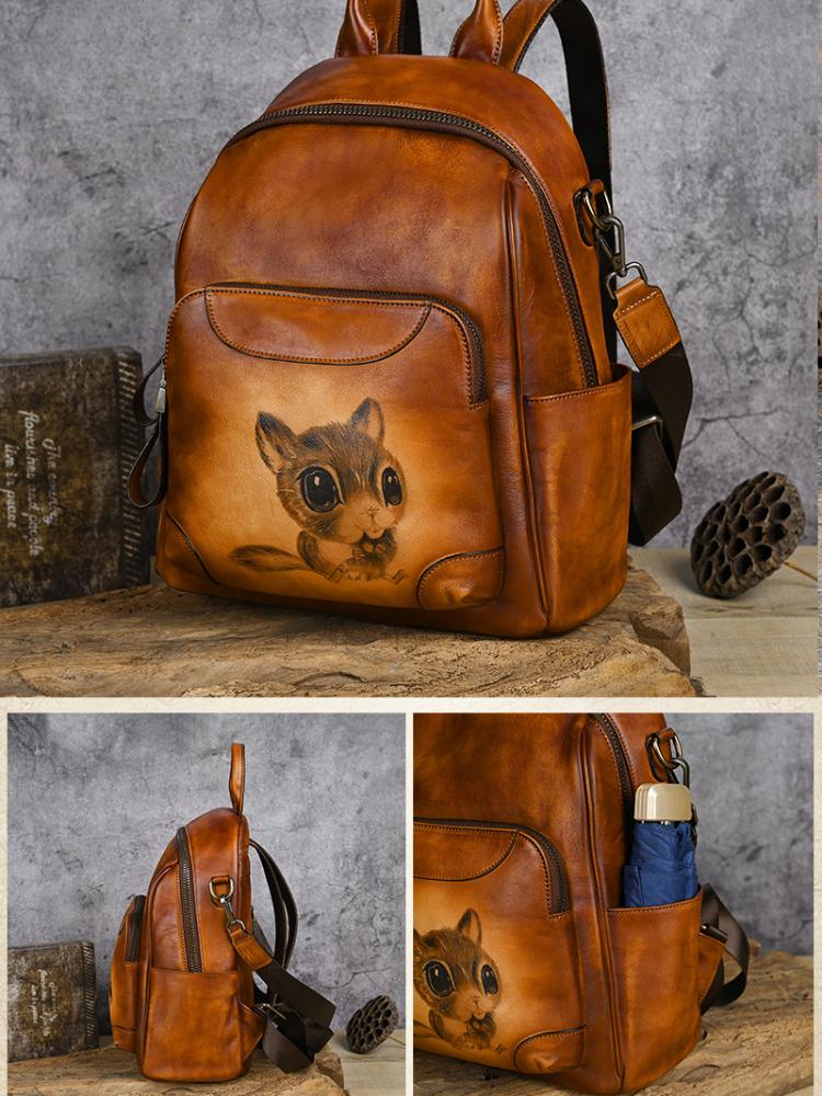 Johnature Retro Echtes Leder Tier Druck Rucksack Frauen Natürliche Echte Rindsleder Tasche Große Kapazität Reise Rucksäcke