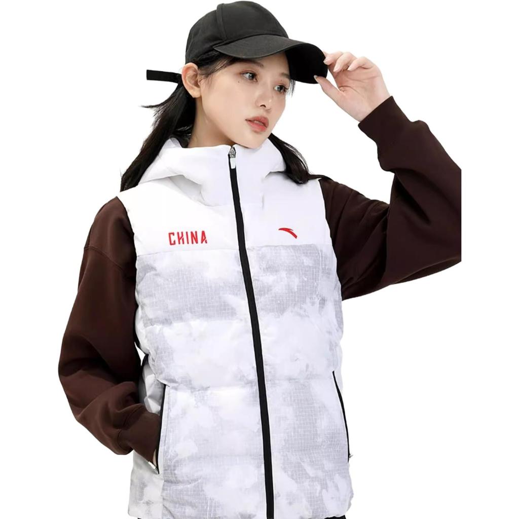 Anta All Over Print Zipper Hooded Sleeveless Down Vest Women Vests Snow-White 162347908-1