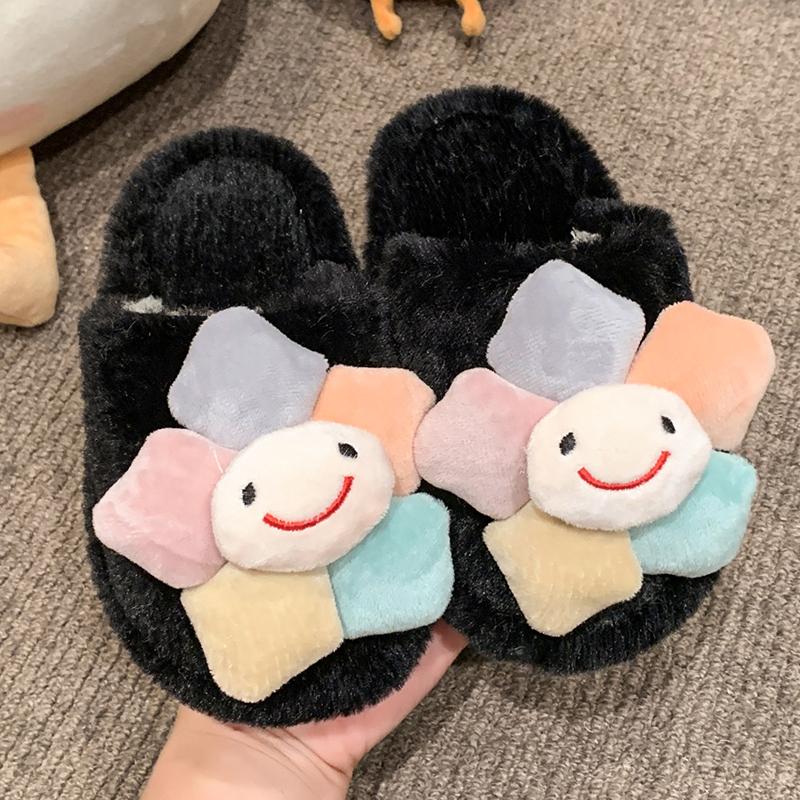 Cute Girls Winter Fur Slippers Fashion Flower Trend Kids Cotton Shoes Non-slip Soft Fluffy Versatile Children Warm Home Slippers