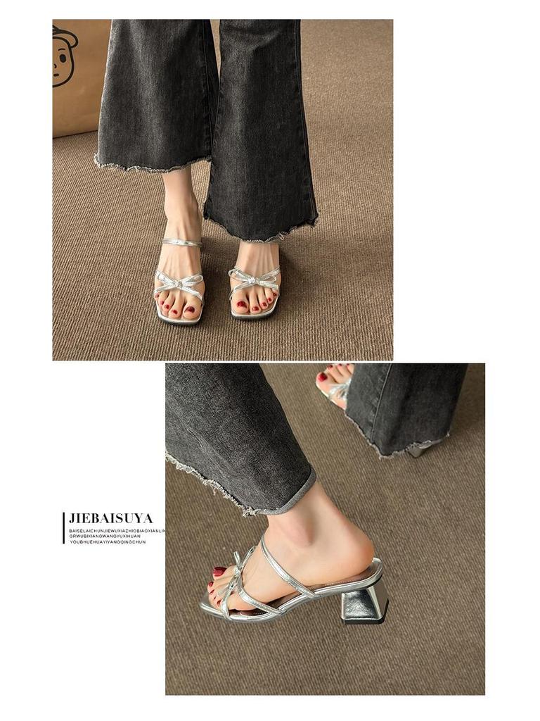 Sandale cu toc înalt în stil franțuzesc: Pantofi de damă de primăvară/vară cu degete descoperite, cu toc gros, versatili și cu design de nișă