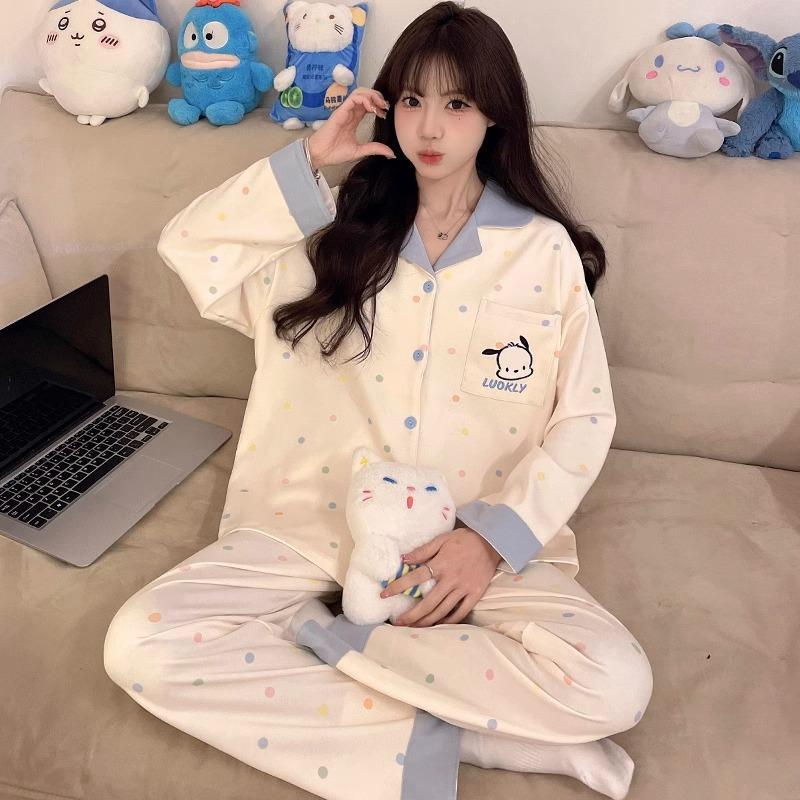 "Cute Dog Dachshund" ins cartoon spring and autumn striped pajamas women's cardigan long-sleeved loungewear autumn and winter suit