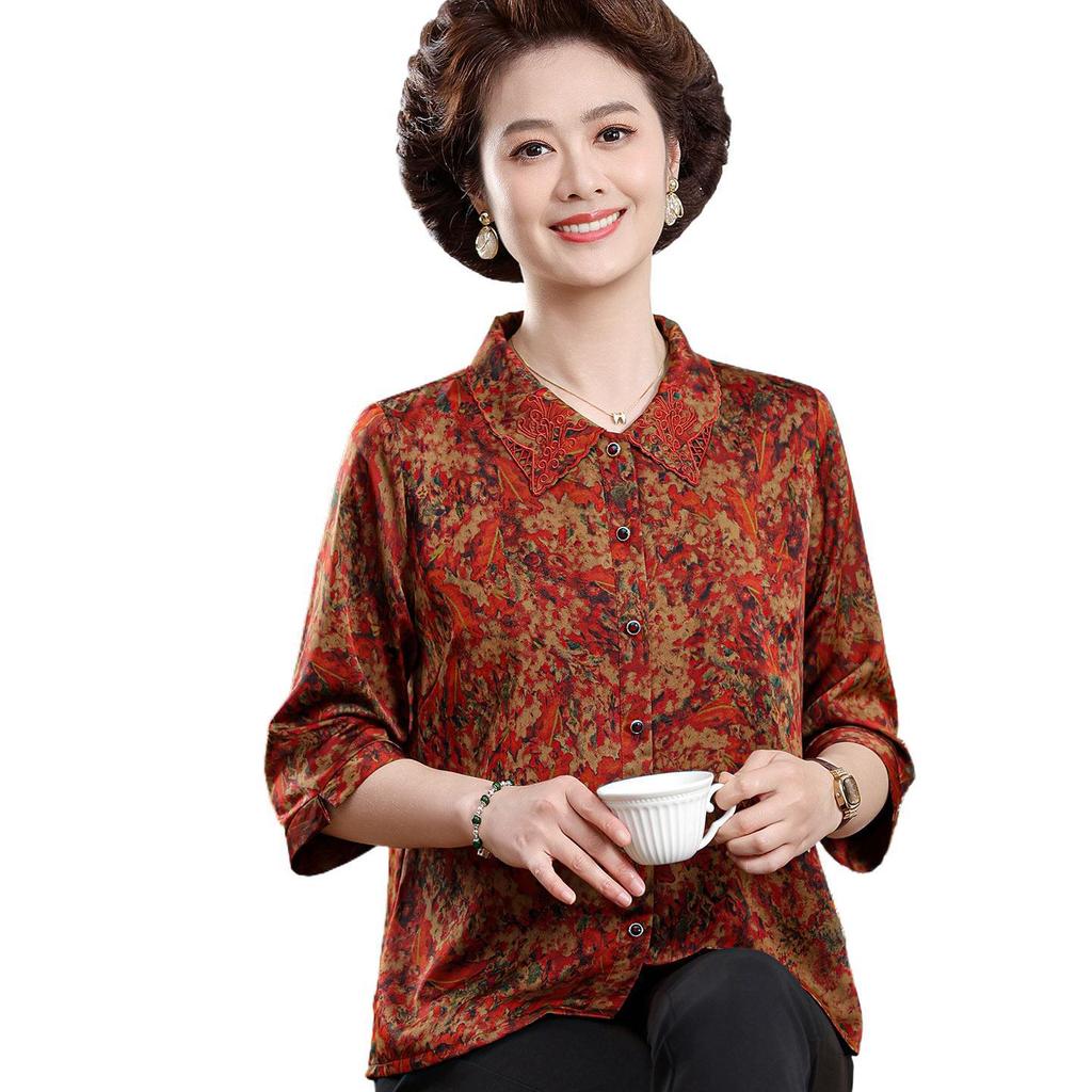 Elegant Floral Print Top with 3/4 Sleeves for Middle-Aged and Elderly Women