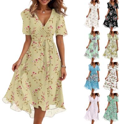 Damenmode Lässig V-Ausschnitt Kurzarm Rüschen Vintage Bedruckte Kleider