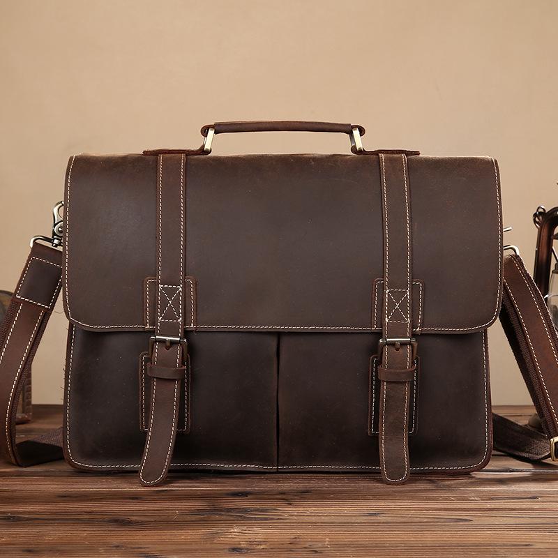 Men's Vintage Genuine Leather Cowhide Briefcase: Crazy Horse Leather Handbag & Shoulder Bag for Casual and Business Use.