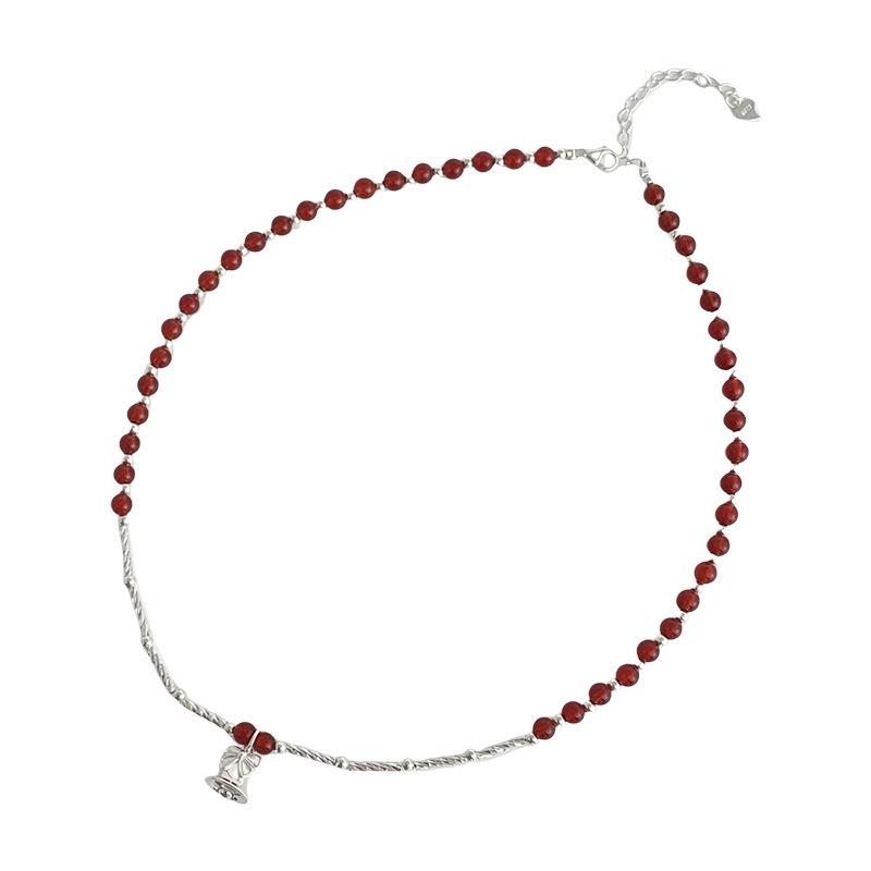 Ticky Red Agate Christmas Necklace S925 Silver Bow Bell Clavicle Chain