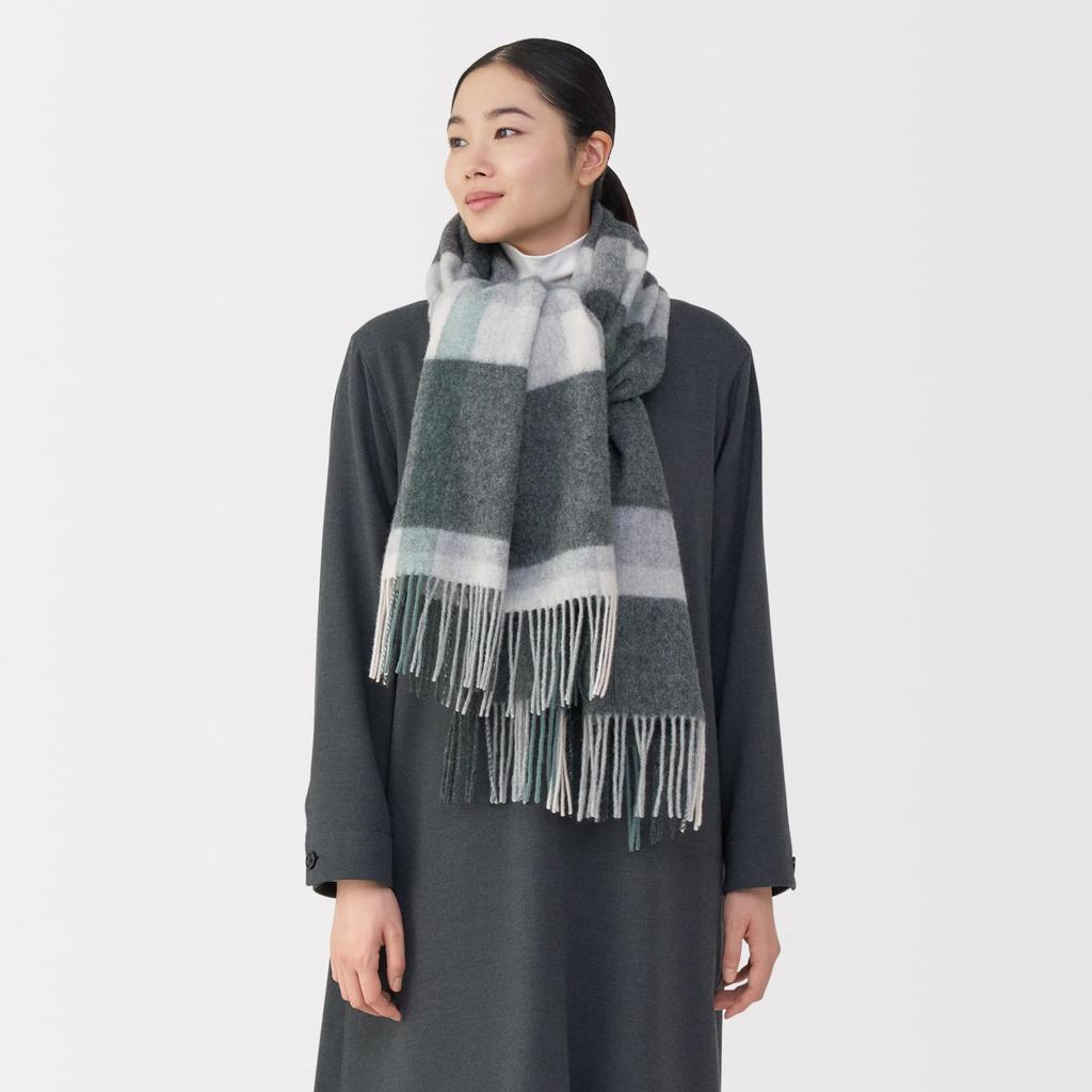 MUJI Fluffy Wool Large Stole (Check) Unisex Adult DDD40A5A Charcoal Gray Check 60 X 200cm