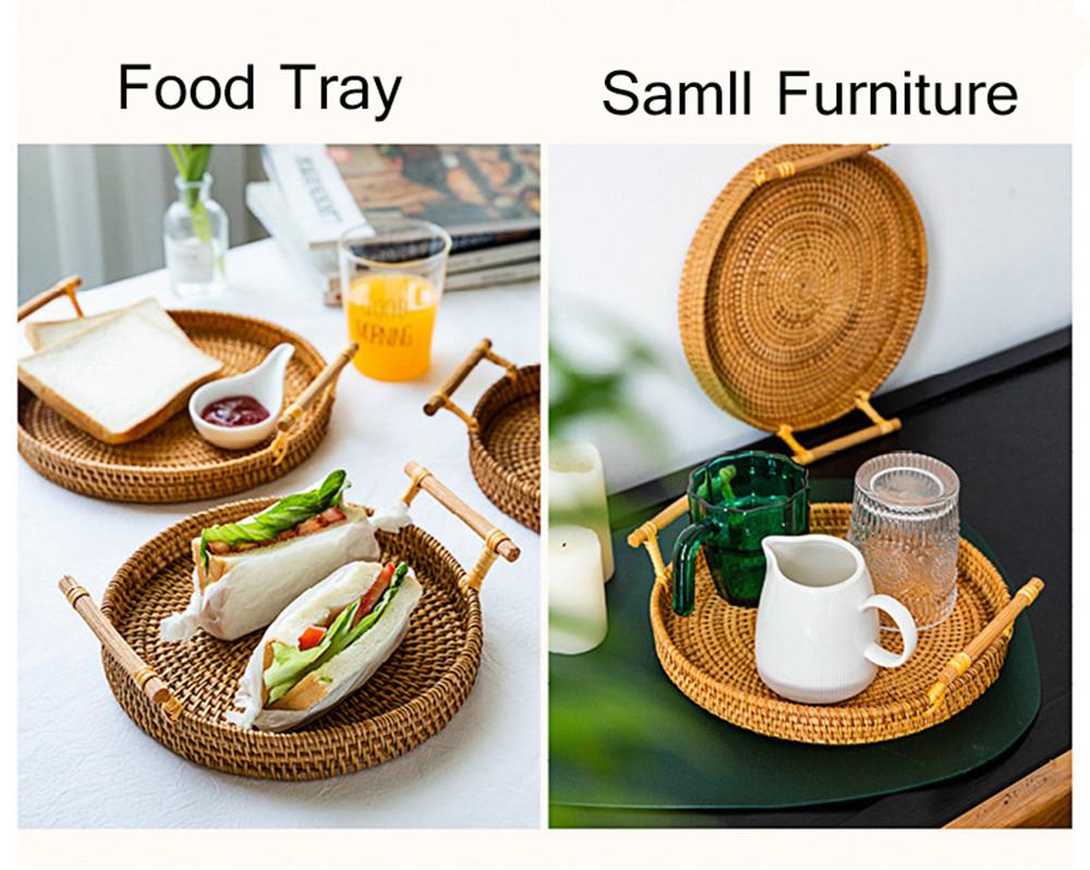 Handmade Rattan Storage Tray Basket with Handle Hand-Woven Rattan Tray Wicker Basket Fruit Tray Rattan Organizer Home Decor