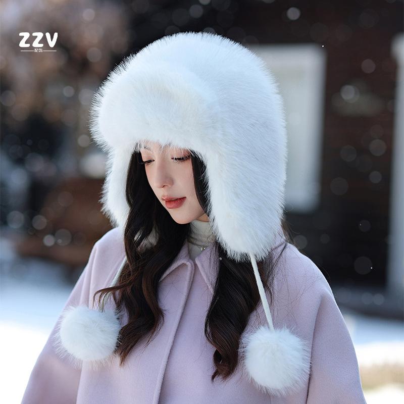 Hat Women's Winter 2025 New Cold and Warm Versatile Plush Cap White Thickened Fluffy Ear Cap