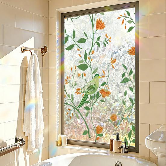 Buntglas Fensterfolie Regenbogen Floral Fenster Sichtschutzfolie Dekorativ Sonnenschutz Statisch Haftende Glasfolie für Haus Tür Fenster