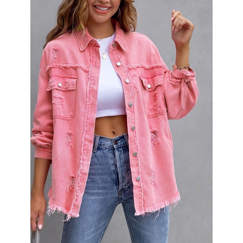 Women's Point Collar Long Sleeve Distressed Denim Jacket Loose Fit Raw Fringe Button Down Shirt
