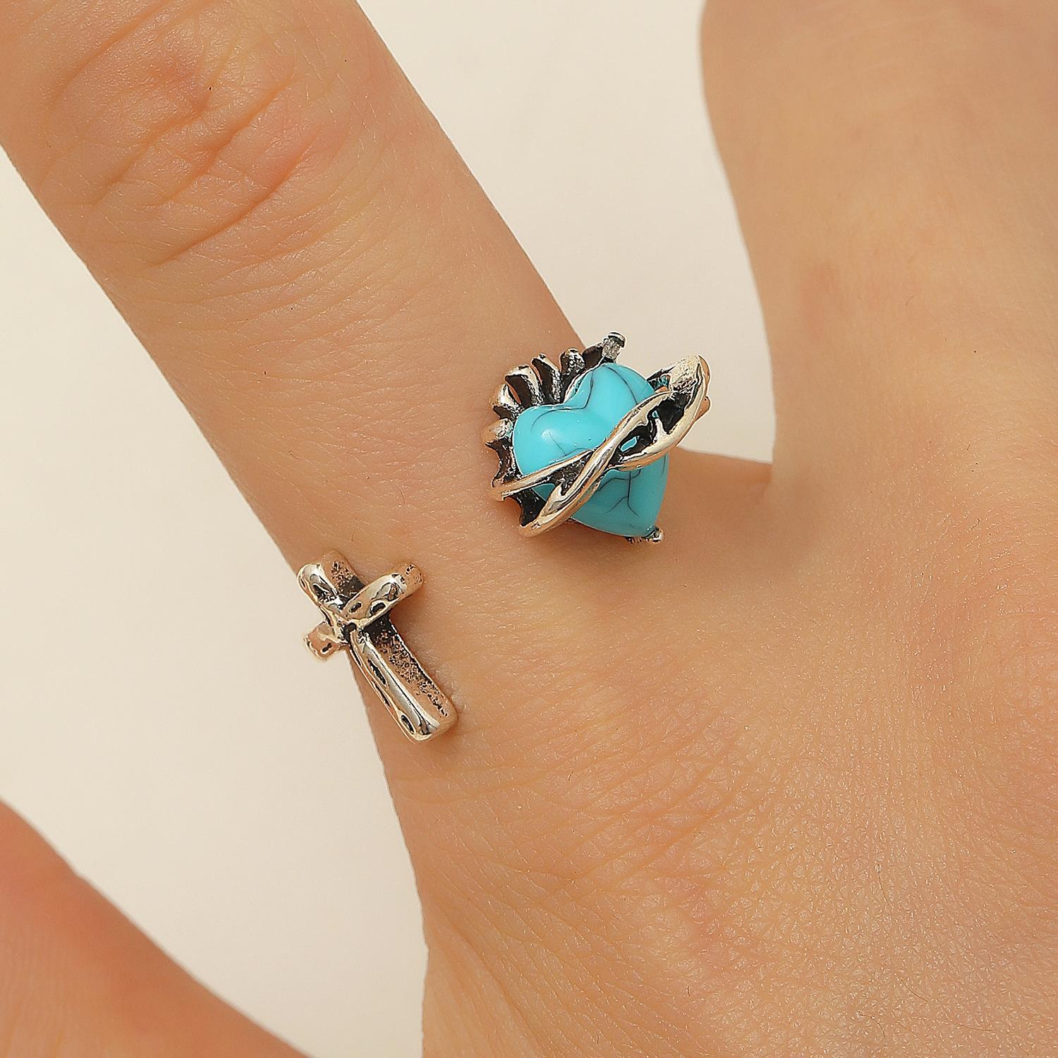 

Retro Love Natural Stone Cross Ring For Women Simple Niche Personality Design Adjustable Index Finger Jewelry