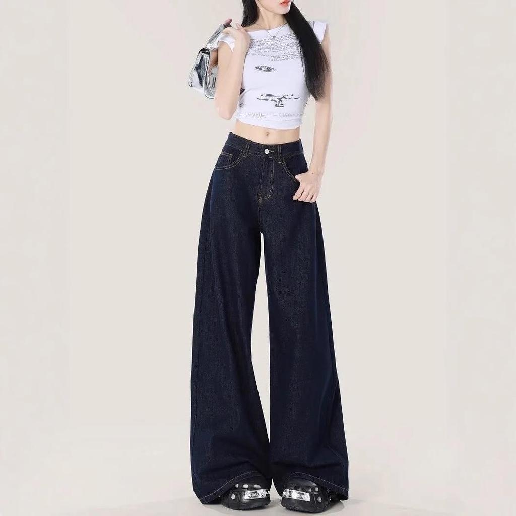 Dark Blue High-Waisted Retro Wide-Leg Jeans - Women's Loose-Fit, Floor-Length Summer/Autumn Pants