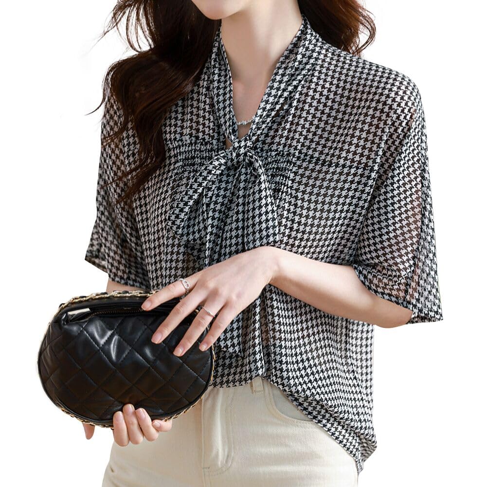 

Гусиная лапка Короткая Свободная Повседневная Летняя [Bidason] Женская Блузка, Рубашка, Шифон, Узор, Бант, Стильная, Милая, V-образный вырез, Взрослая, Женственная, Тонкая, чёрный