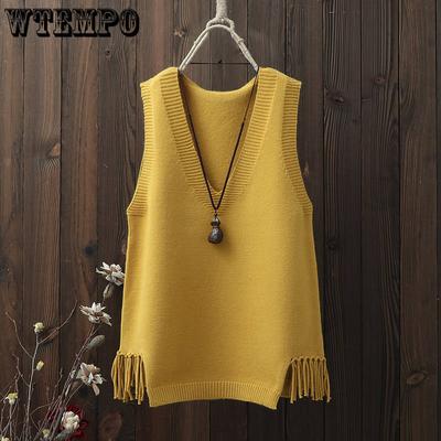 Frühling und Herbst Koreanische Version der V-ausschnitt Einfarbig Stricken Pullover Weste Frauen Lose Pullover Saum Fransen Weste
