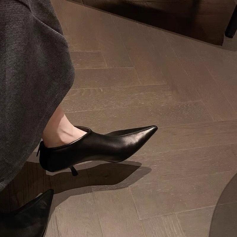 Cowhide Version~ Pointed Kitten with Temperament High Heel Thin Boots Women's Autumn and Winter Ankle Short Boots