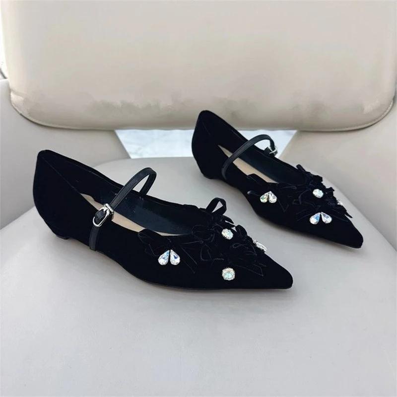 

Crystal Women Mary Jane Shoes Pointed Toe Bow Flats Sandals Summer 2025 Luxury Dress Shoes Elegant Party Loafers Mujer Zapatos 40 чёрный