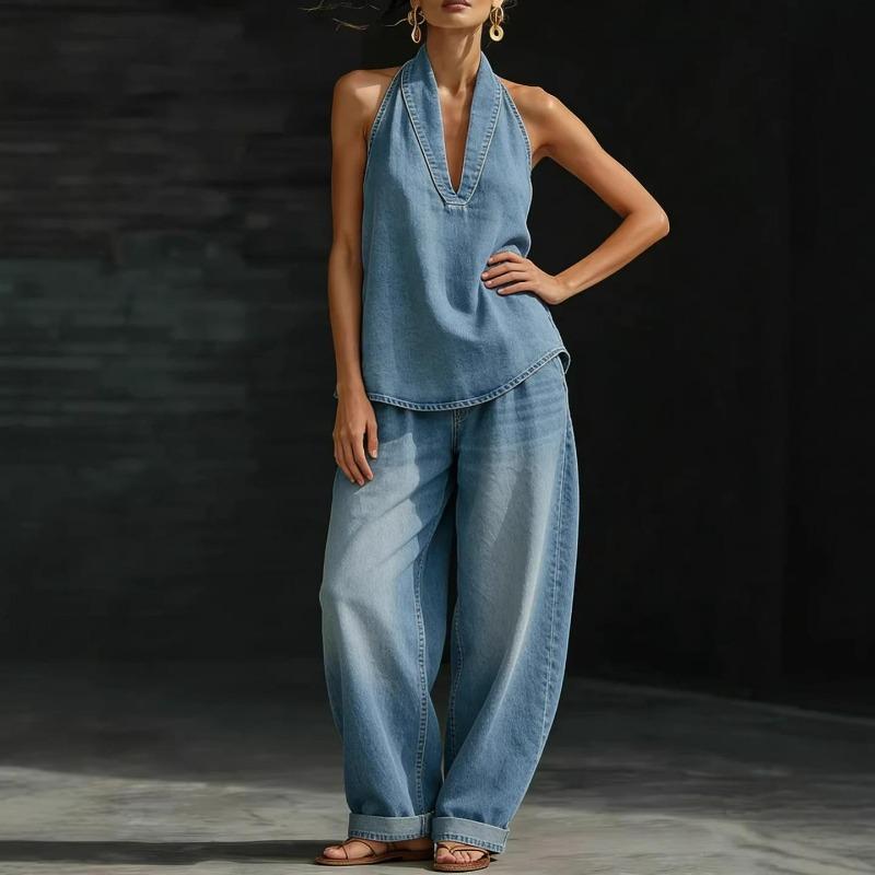 Women's Sleeveless V Neck Wide Leg Jumpsuit Loose Casual One Piece Summer Outfit
