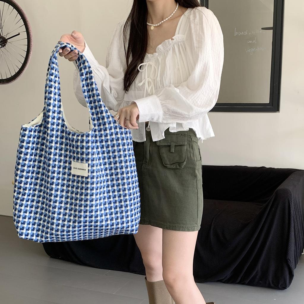 Korean Refreshing Lake Blue Shopping Bags Fashion Plaid Handheld Shoulder Bag Student Class Cloth Bag