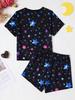 2026 Girls' Summer Home Leisure Two Piece Set, Pony Star Printed Round Neck Short Sleeve Top+Star Printed Wide Leg Shorts Set