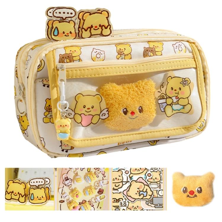 

Bear Pencil Bag with Note Paper, Stickers, Paper Clamp, Keychain for Girl Student, Large Capacity Pen Bag