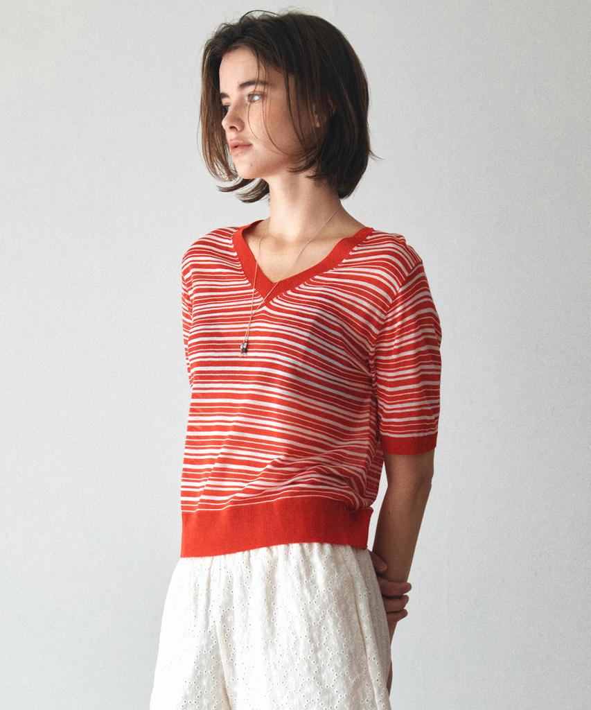 Banwonateullie Kn4294 Striped Half Sleeve Knit_Red