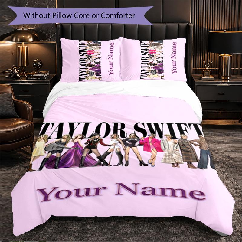 Taylor Swift Customized Name Text Bedding Set, 1 Duvet Cover & 2 Pillowcases Personalized Bedroom Gift