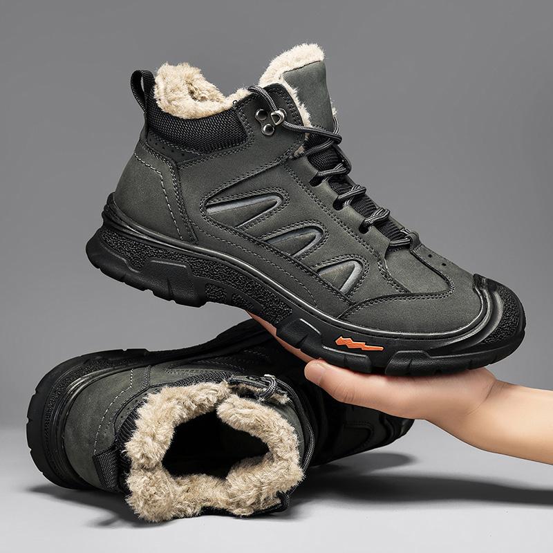 Męskie Zimowe Ciepłe Buty Trekkingowe z Futrzaną Podszewką, Skórzane Botki za Kostkę, Wodoodporne, Antypoślizgowe, Sznurowane Śniegowce