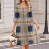 Damen Casual V-Ausschnitt Karomuster Dreiviertelarm Kleid für den Alltag