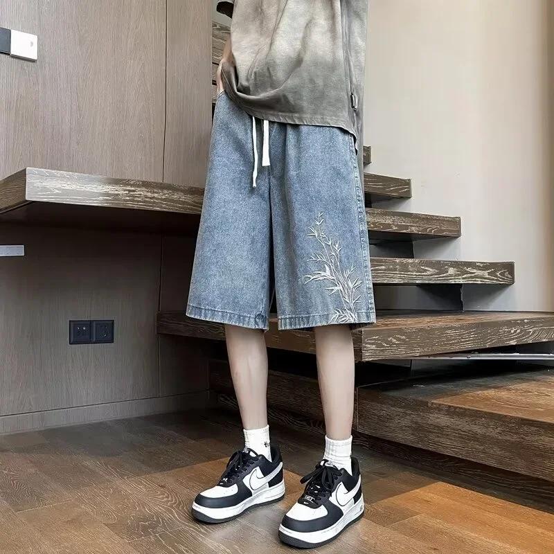 Summer Men  Embroidered Short Jean Pants Vintage Wide Leg Bermuda Hip Hop Streetwear Denim Shorts