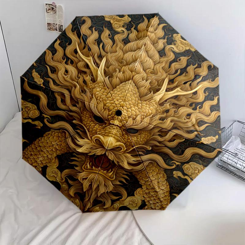 Golden Dragon  Pattern, Automatic Folding Umbrella, Portable and Foldable Design, 8 Ribs, a Christmas or Birthday Gift.