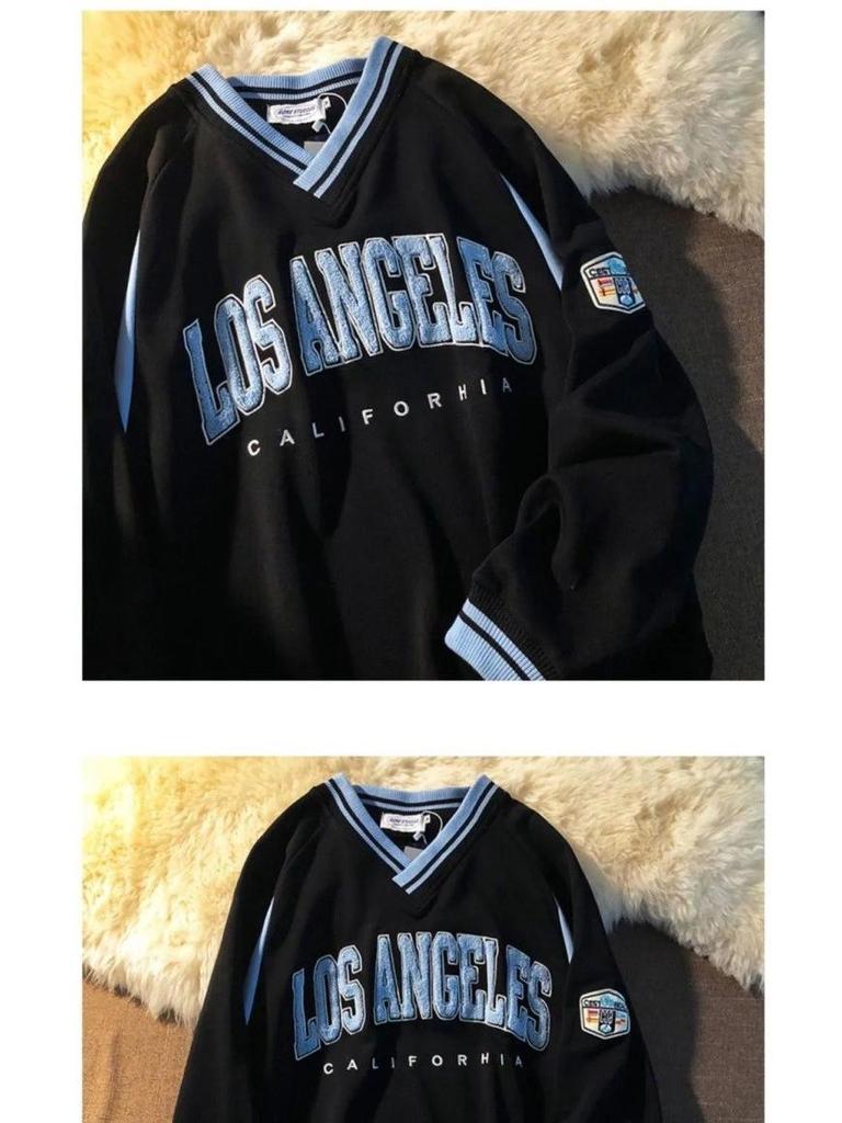 Men's Retro Embroidered V-Neck Sweatshirt - 2022 Spring Trend, Versatile, Loose-Fit Casual Jacket for Students & Couples