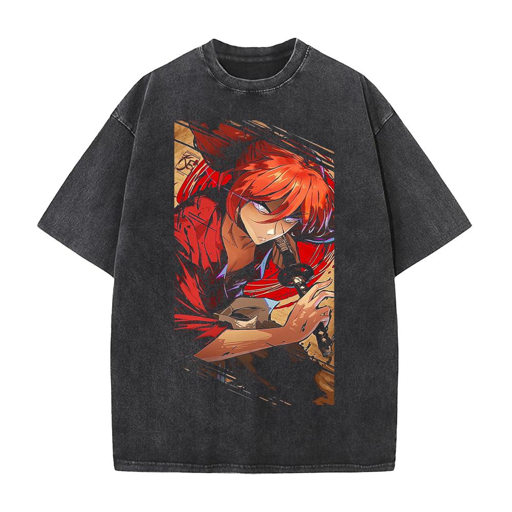 

Himura Kenshin Print T-shirt Anime Rurouni Kenshin Clothing Men Women Tshirts Retro Washed T Shirt Harajuku Male Cotton Tops XXL чорний