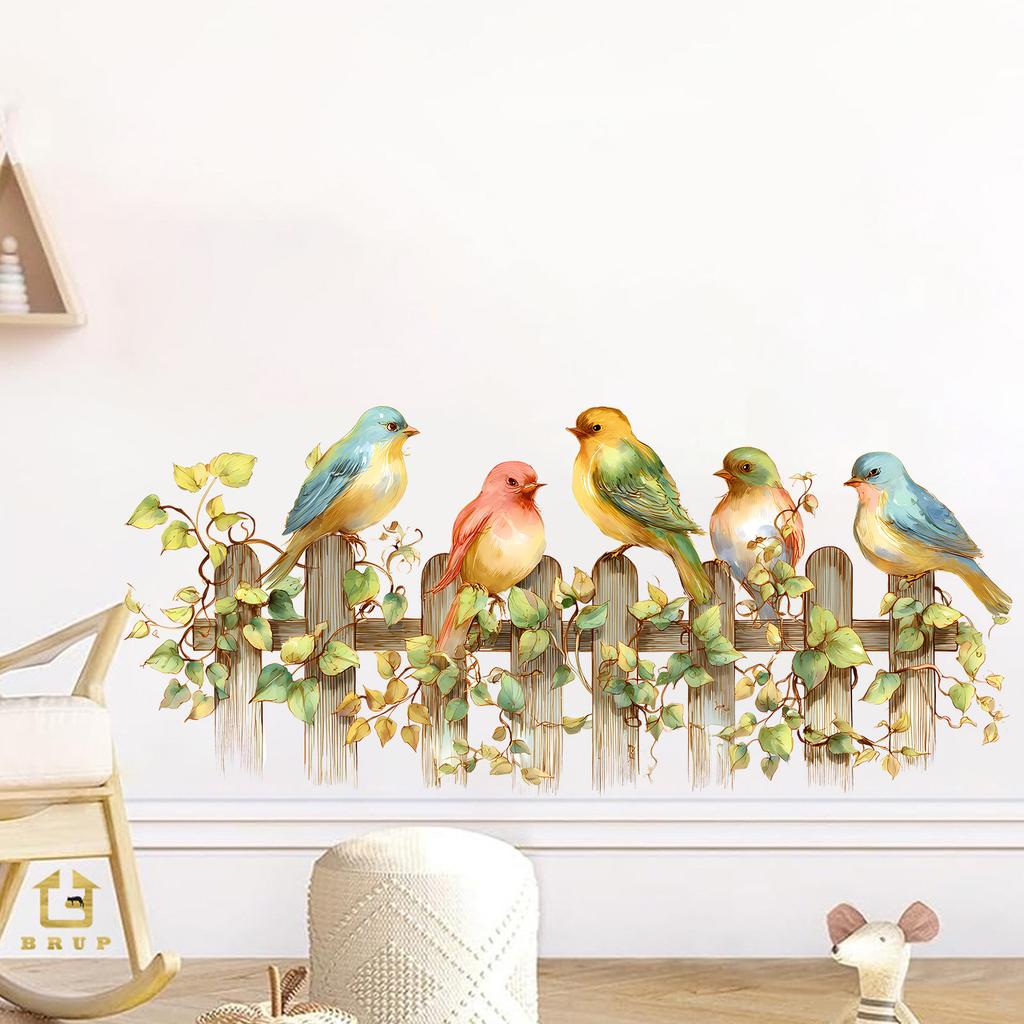 Cartoon Cute Bird Fence Leaves Bedroom Living Room Home Background Decoration Self Adhesive Stickers
