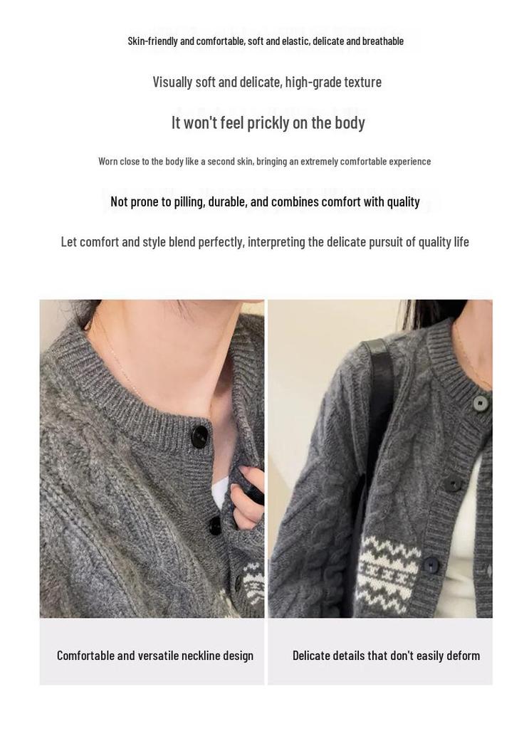 Women's 100% Pure Wool Cable Knit Round Neck Cardigan for Autumn/Winter - Soft, Slimming Sweater Coat