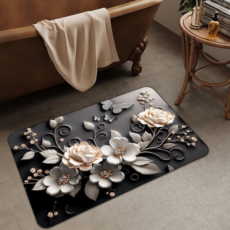 3D Floral Diatomaceous Earth Floor Mat Bathroom Absorbent Quick Drying Foot Mat 80x120cm
