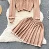 Fashion Autumn Knitted Twist Sweater Preppy Style Girls Outfits Women Single Breasted Coat Jacket+ Mini Pleated Skirt Two Pieces Set